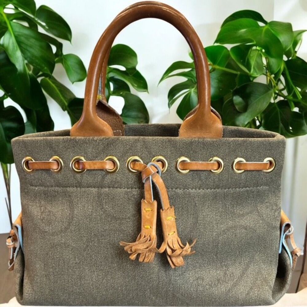 Dooney & Bourke VINTAGE canvas and leather tulip tassel tote bag, EUC